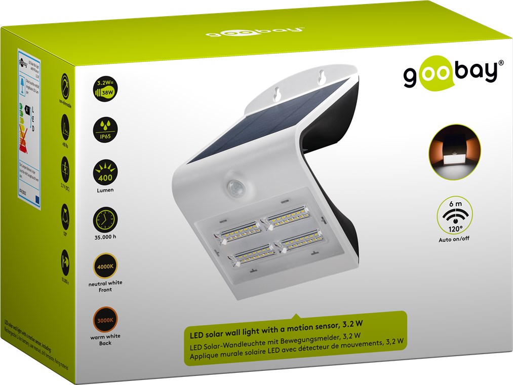 LED-Solar-Wandleuchte mit Bewegungsmelder, 3,2 W, weiß - Farbversion - Lichtlösung für Hauseingänge, Carports und Treppen
