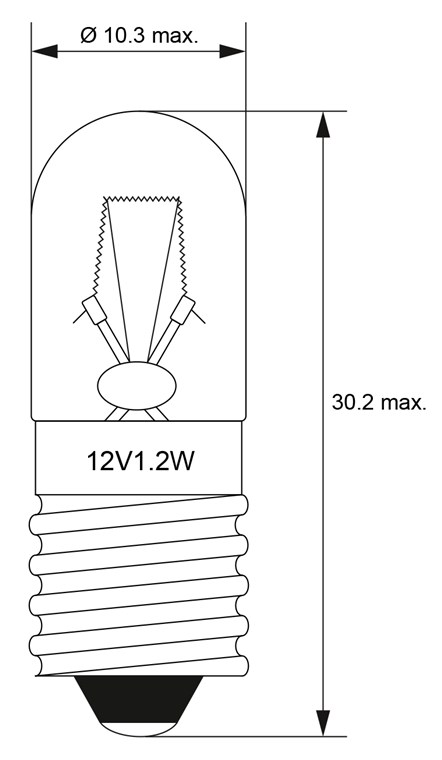 Röhrenlampe, 1,2 W - Max. Leistungsaufnahme 1.2 W - Sockel E10, 12 V (DC), 100 mA Röhrenlampe, 1,2 W - Max. Leistungsaufnahme 1.2 W - Sockel E10, 12 V (DC), 100 mA