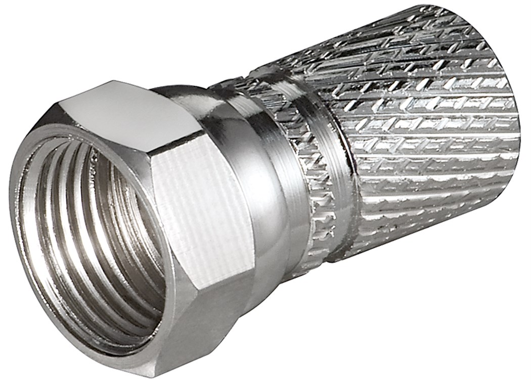 Aufdreh-F-Stecker 7,3 mm - Anschluss, Gehäusematerial Kupfer - Kupfer-Nickel, breite Mutter Aufdreh-F-Stecker 7,3 mm - Anschluss, Gehäusematerial Kupfer - Kupfer-Nickel, breite Mutter