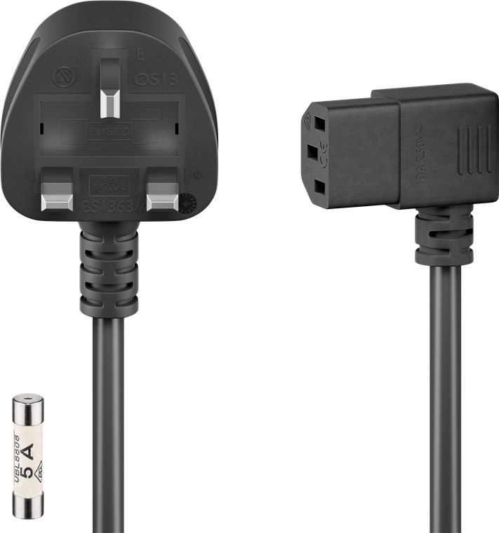 UK-Geräteanschlusskabel, 2 m, Schwarz - Kabellänge 2 m - UK 3-Pin-Stecker (Typ G, BS 1363) > Gerätestecker C13 (abgewinkelt) UK-Geräteanschlusskabel, 2 m, Schwarz - Kabellänge 2 m - UK 3-Pin-Stecker (Typ G, BS 1363) > Gerätestecker C13 (abgewinkelt)