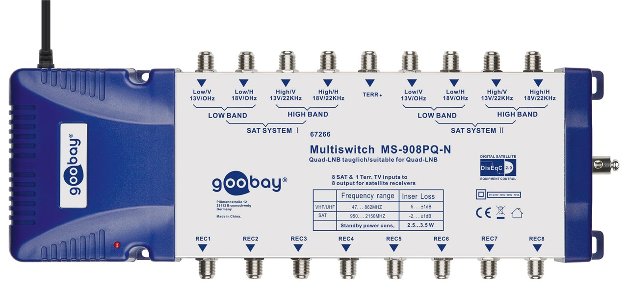 SAT-Multischalter 9 Eingänge /8 Ausgänge - Verteiler für max. 8 Teilnehmer von zwei Satelliten