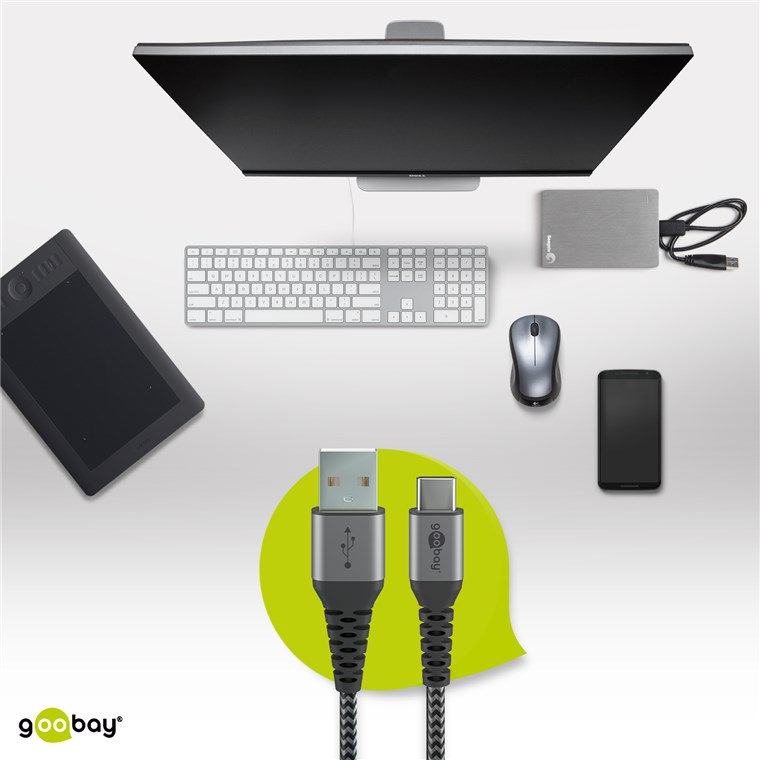 USB-A auf USB-C™ Textilkabel mit Metallsteckern (spacegrau/silber) 2 m - Kabellänge 2 m - elegantes und extra-robustes Verbindungskabel für Geräte mit USB-C™-Anschluss