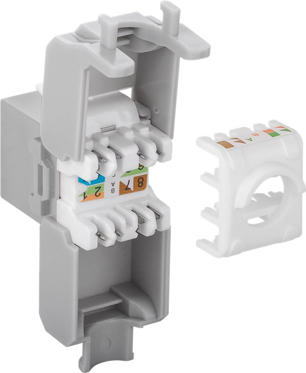 Keystone Modul RJ45 CAT 6A, UTP - Farbversion Hellgrau - 16,5 mm breit, Krokodil-Typ, Klemmleiste für werkzeugfreie LSA-Montage Keystone Modul RJ45 CAT 6A, UTP - Farbversion Hellgrau - 16,5 mm breit, Krokodil-Typ, Klemmleiste für werkzeugfreie LSA-Montage