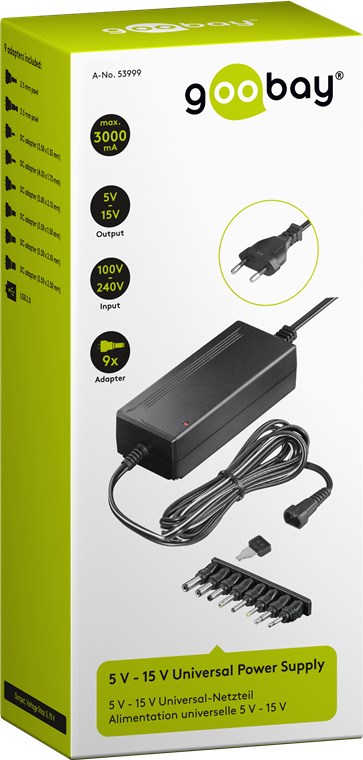 5 V - 15 V Universal-Netzteil - inkl. 8 DC-Adapter - max. 36 W und 3 A 5 V - 15 V Universal-Netzteil - inkl. 8 DC-Adapter - max. 36 W und 3 A