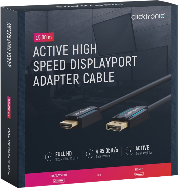 Aktives DisplayPort-auf-HDMI™-Adapterkabel - Kabellänge 15 m - Premium-Kabel|1x DisplayPort-Stecker >> 1x HDMI™-Stecker|15,0 m|WQHD @ 75 Hz