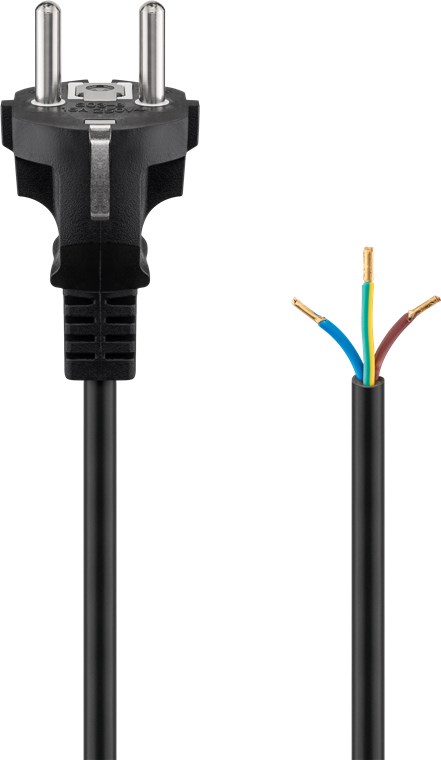 Schutzkontaktkabel zum Konfektionieren, 2 m, Schwarz - Kabellänge 2 m - Schutzkontaktstecker (Typ F, CEE 7/7) > lose Kabelenden