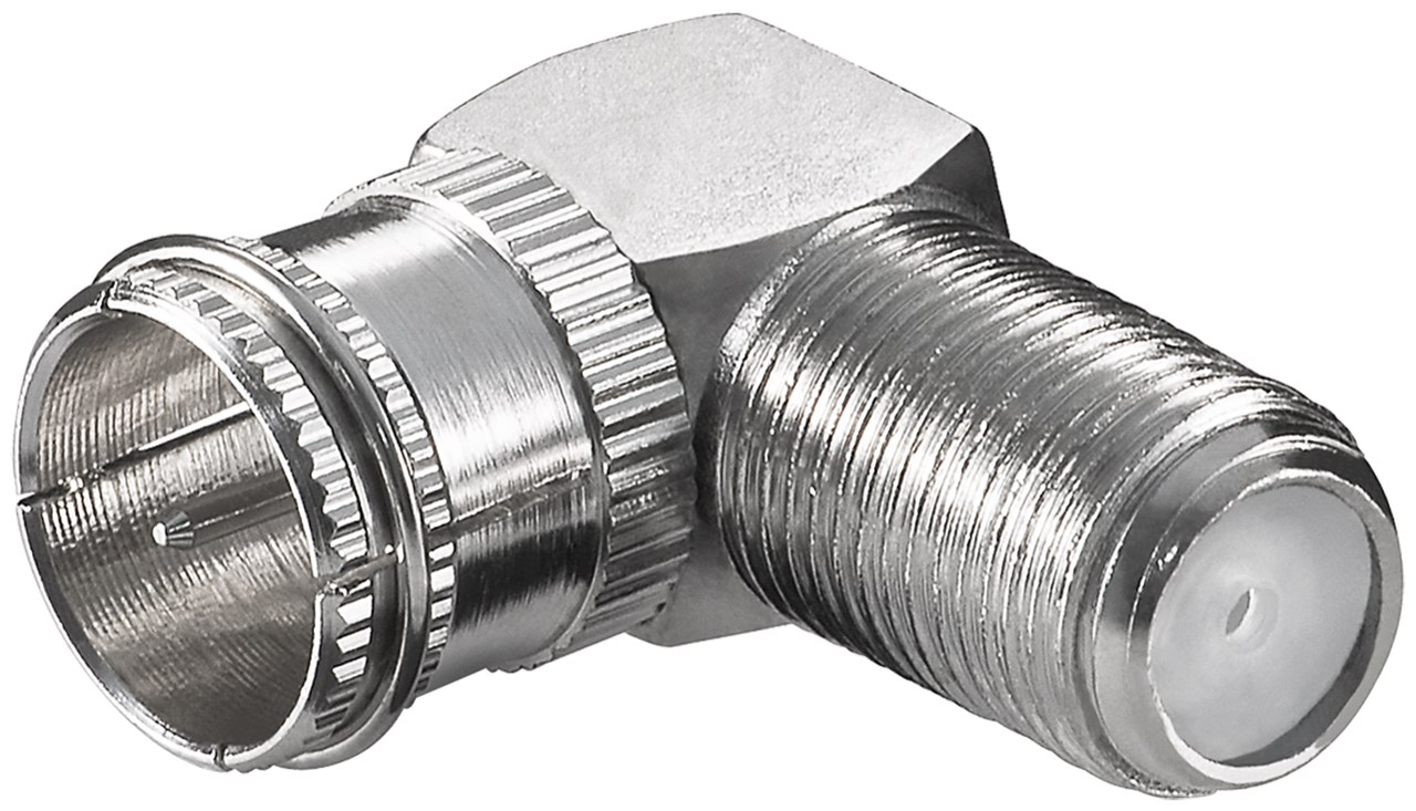 Winkeladapter: F-Stecker (Quick) > F-Buchse 90° Winkeladapter: F-Stecker (Quick) > F-Buchse 90° - Anschluss, Gehäusematerial Zink - Zink