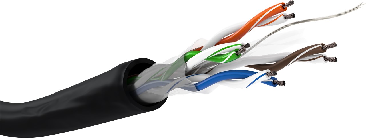 CAT 6 Outdoor Netzwerkkabel, U/UTP, Schwarz CAT 6 Outdoor Netzwerkkabel, U/UTP, Schwarz - Kabellänge 100 m - Kupferkaschierter Aluminiumleiter (CCA), AWG 24/7 (stranded), Polyethylen-Kabelmantel (PE)