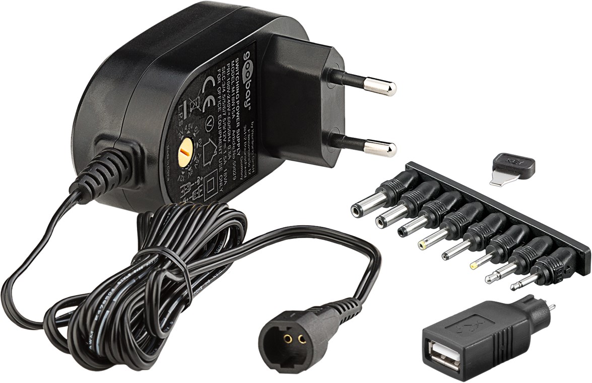 3 V - 12 V Universal-Netzteil 3 V - 12 V Universal-Netzteil - Ausgang, max. Stromstärke (DC) 1.5 A - inkl. 1 USB- und 8 DC-Adapter - max. 18 W und 1,5 A