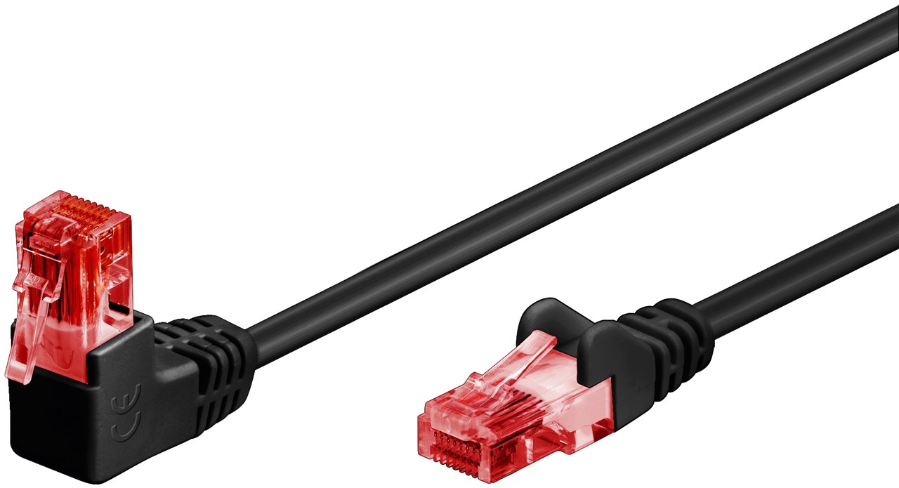 CAT 6 Patchkabel 1x 90° gewinkelt, U/UTP, Schwarz, 10 m CAT 6 Patchkabel 1x 90° gewinkelt, U/UTP, Schwarz, 0,25 m - Kabellänge 0.25 m - Kupferkaschierter Aluminiumleiter (CCA), Rastnase oben