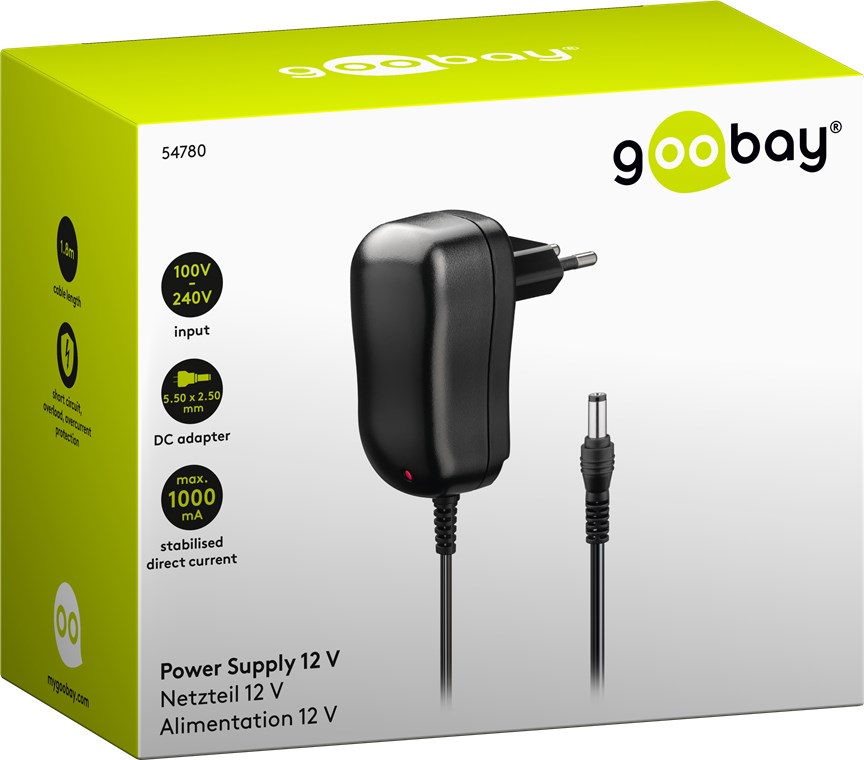 12 V Netzteil - mit 5,5 mm x 2,5 mm Stecker - 12 W und 1 A 12 V Netzteil - mit 5,5 mm x 2,5 mm Stecker - 12 W und 1 A