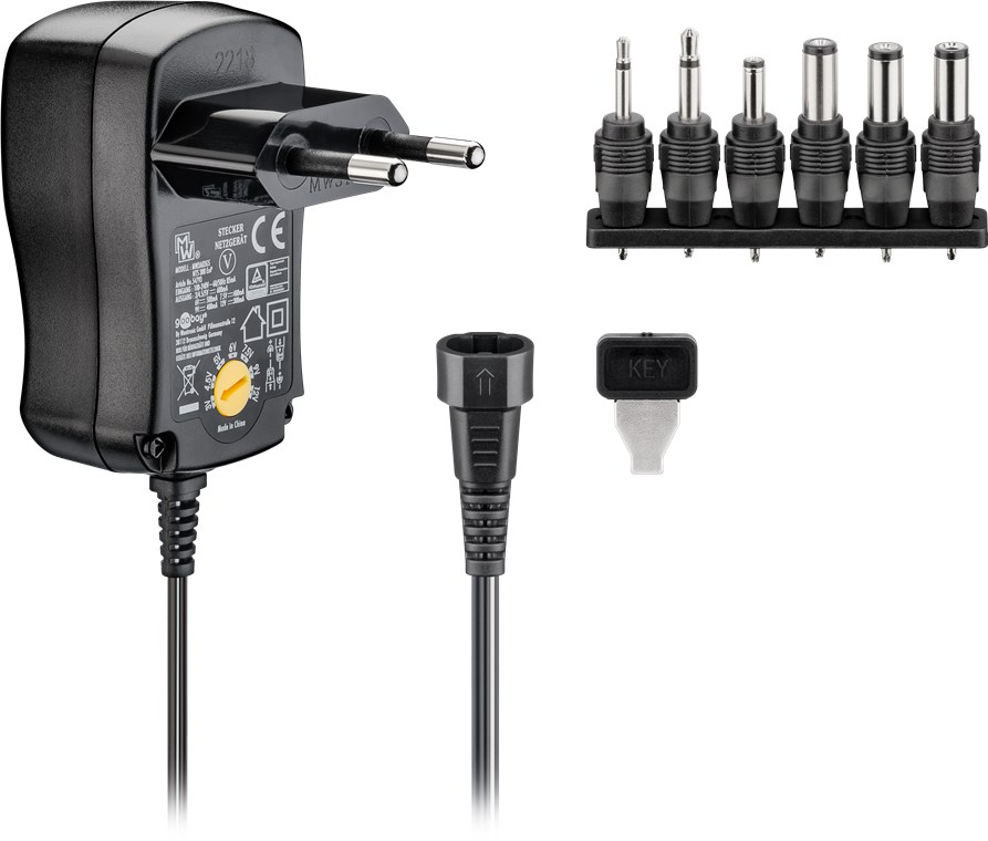 3 V - 12 V Universal-Netzteil 3 V - 12 V Universal-Netzteil - Ausgang, max. Stromstärke (DC) 0.6 A - inkl. 6 DC-Adapter - max. 7,2 W und 0,6 A