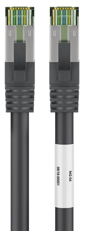 RJ45 (CAT 6A, 500 MHz) Patchkabel mit CAT 8.1 S/FTP Rohkabel, Schwarz, 25 m CAT 8.1 Patchkabel, S/FTP (PiMF), Schwarz, 1 m - Kabellänge 1 m - 99,9 % sauerstofffreier Kupferleiter (OFC), AWG 24, halogenfreier Kabelmantel (LSZH)
