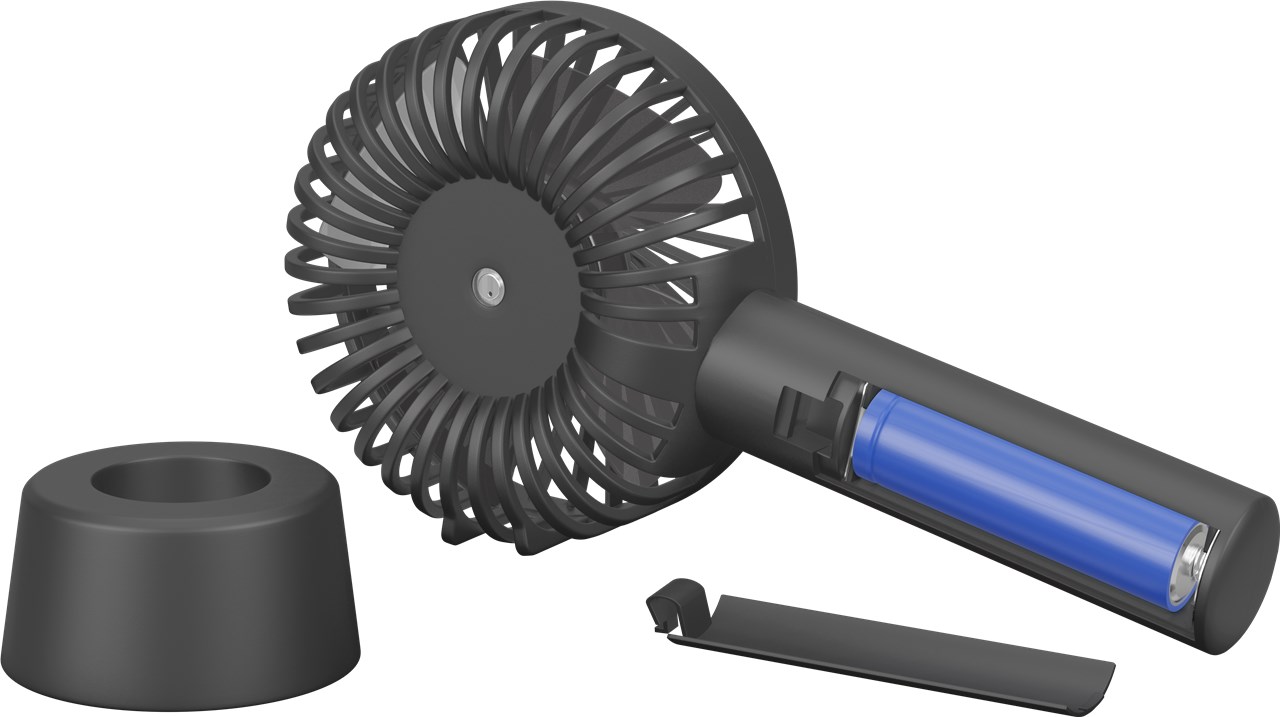 USB-Handventilator mit Standfunktion, Schwarz - mit wiederaufladbarer Batterie (austauschbar)