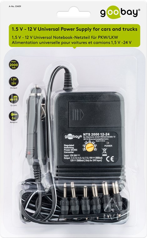 12 V - 24 V Universal Notebook-Netzteil für PKW/LKW - inkl. 6 DC-Adapter - max. 24 W und 2 A 12 V - 24 V Universal Notebook-Netzteil für PKW/LKW - inkl. 6 DC-Adapter - max. 24 W und 2 A