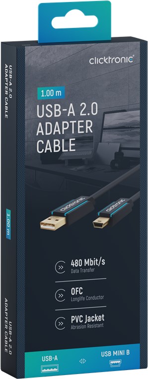 USB-A-auf-USB-Mini-B 2.0 Adapterkabel - Kabellänge 1 m - Premium-Kabel|USB-A-Stecker USB-Mini-B-Stecker|1,0 m|480 Mbit/s