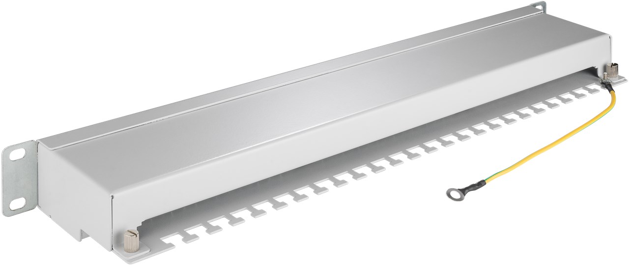 CAT 5e 19-Zoll (48,3 cm) Patch Panel, 24 Port, (1 HE) - Schirmungsklasse STP - STP geschirmt, Grau CAT 5e 19-Zoll (48,3 cm) Patch Panel, 24 Port, (1 HE) - Schirmungsklasse STP - STP geschirmt, Grau