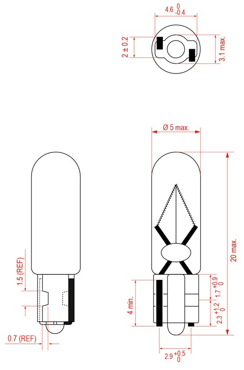 T5 Glassockel-Glühlampe, 1,2 W - W2Ã—4,6d, 12 V (DC), 100 mA