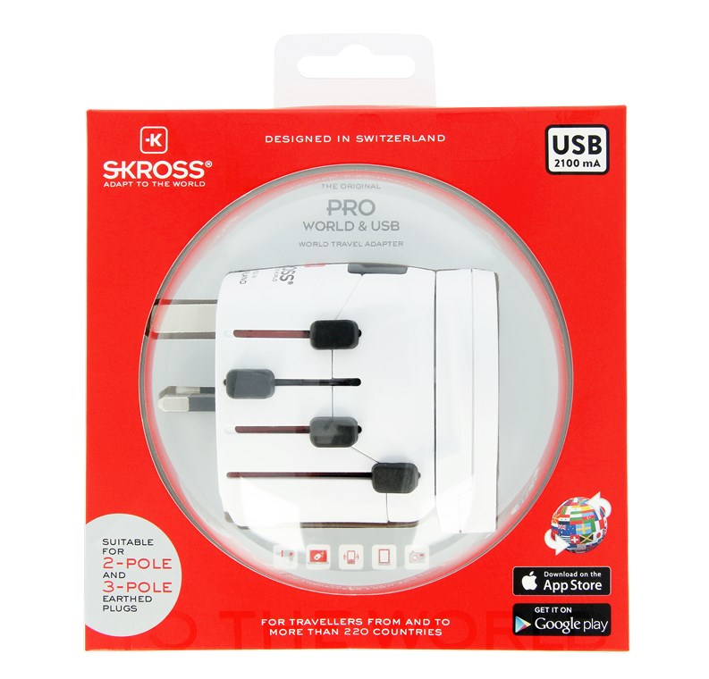 World Adapter PRO World & USB - geeignet für alle geerdeten und ungeerdeten Geräte (2- und 3-polig), mit integriertem USB-Ladegerät