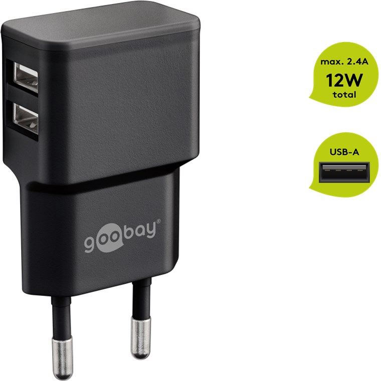 Dual USB-Ladegerät (12W) schwarz - kompaktes USB-Netzteil mit 2xUSB Anschlüssen Dual USB-Ladegerät (12W) schwarz - kompaktes USB-Netzteil mit 2xUSB Anschlüssen