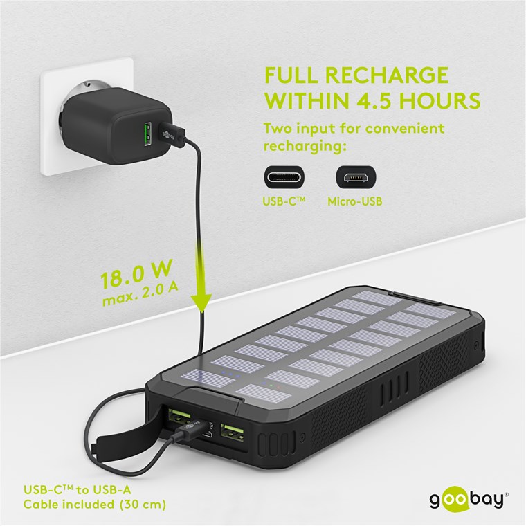 Outdoor Schnelllade-Powerbank mit Solar 20.000 mAh (USB-C™ PD, QC 3.0) - Robuste Allround-Stromversorgung für den Outdoor-Einsatz Outdoor Schnelllade-Powerbank mit Solar 20.000 mAh (USB-C™ PD, QC 3.0) - Robuste Allround-Stromversorgung für den Outdoor-Einsatz