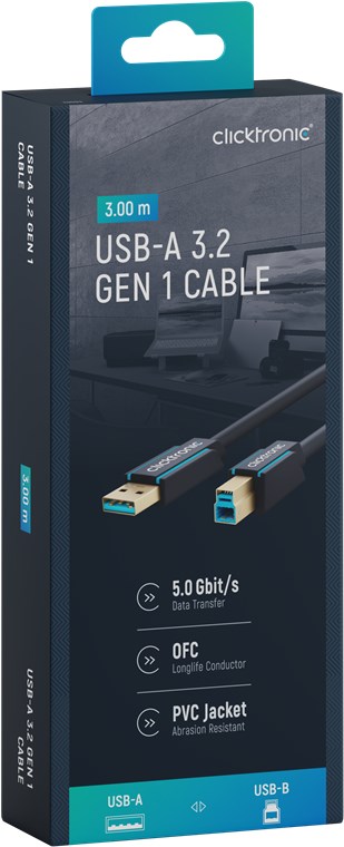 USB-A-auf-USB-B 3.0 Adapterkabel - Kabellänge 3 m - Premium-Kabel|USB-A-Stecker USB-B-3.0-Stecker|3,0 m|5 Gbit/s