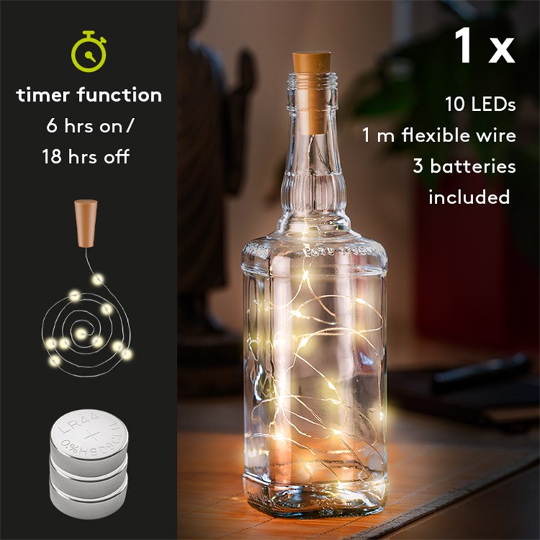10er LED-Flaschen-Lichterkette, inkl. Timer - Stimmungsvolle Leuchtdekoration für Glasflaschen