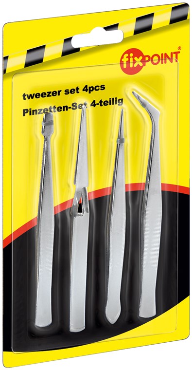 Pinzetten-Set 4-teilig - 1x Spitzpinzette, gerade, 1x Spitzpinzette, gebogen, 1x Flachpinzette, gebogen, 1x Kreuzpinzette, 110 mm Pinzetten-Set 4-teilig - 1x Spitzpinzette, gerade, 1x Spitzpinzette, gebogen, 1x Flachpinzette, gebogen, 1x Kreuzpinzette, 110 mm