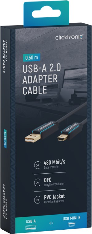 USB-A-auf-USB-Mini-B 2.0 Adapterkabel - Kabellänge 0.5 m - Premium-Kabel|USB-A-Stecker USB-Mini-B-Stecker|0,5 m|480 Mbit/s