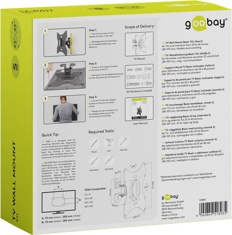 TV-Wandhalterung Basic Tilt (Größe S) - für Fernseher und Monitore zwischen 23 und 42 Zoll (58-107 cm), neigbar, schwenkbar