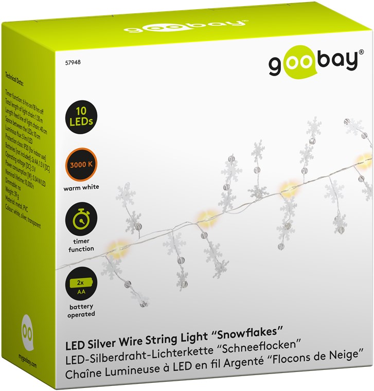 10er LED-Silberdraht-Lichterkette "Schneeflocken" - mit Timer-Funktion, warmweiß (3000 K), batteriebetrieben