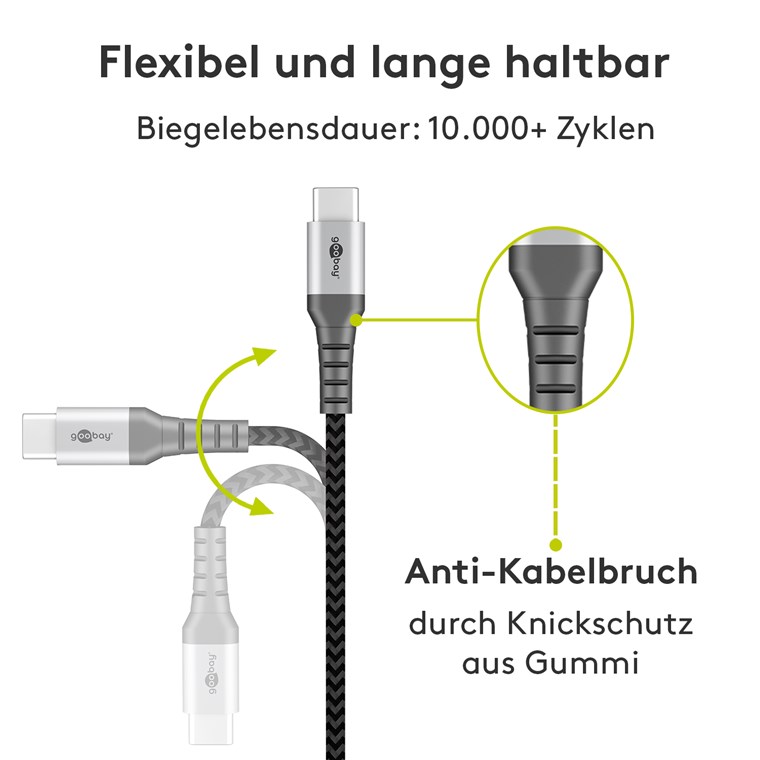 USB-A auf USB-C™ Textilkabel mit Metallsteckern (spacegrau/silber) 2 m - Kabellänge 2 m - elegantes und extra-robustes Verbindungskabel für Geräte mit USB-C™-Anschluss