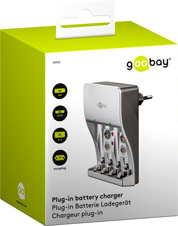 Plug-in Batterie-Ladegerät - lädt bis zu 4x Micro (AAA) oder Mignon (AA) und 2x 9 V Block
