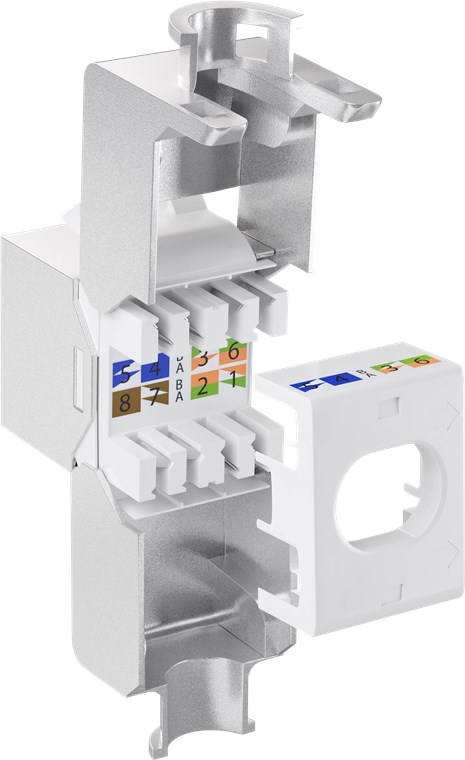 Keystone Modul RJ45 CAT 6A, STP, slim-line - 14,7 mm breit, Krokodil-Typ, Klemmleiste für werkzeugfreie LSA-Montage