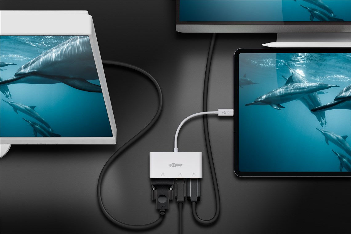 USB-C™ Multiport-Adapter VGA+DP+HDMI™ - Verbrauchseinheit 1 Stk. im Polybeutel - erweitert ein USB-C™-Gerät um einen HDMI™-, einen DisplayPort und einen VGA-Anschluss USB-C™ Multiport-Adapter VGA+DP+HDMI™ - Verbrauchseinheit 1 Stk. im Polybeutel - erweitert ein USB-C™-Gerät um einen HDMI™-, einen DisplayPort und einen VGA-Anschluss