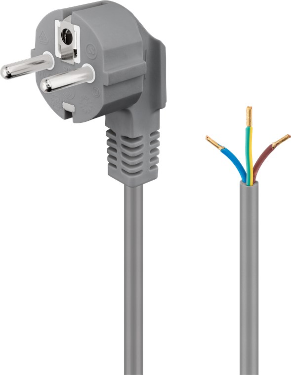 Schutzkontaktkabel abgewinkelt zum Konfektionieren, 1,5 m, Grau - Kabellänge 1.5 m - Schutzkontaktstecker (Typ F, CEE 7/7) > lose Kabelenden