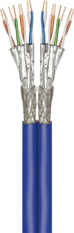 CAT 7A+ Duplex-Netzwerkkabel, S/FTP (PiMF), Blau CAT 7A+ Duplex-Netzwerkkabel, S/FTP (PiMF), Blau - Kabellänge 100 m - Kupferleiter (CU), AWG 22/1 (solid), halogenfreier Kabelmantel (LSZH)