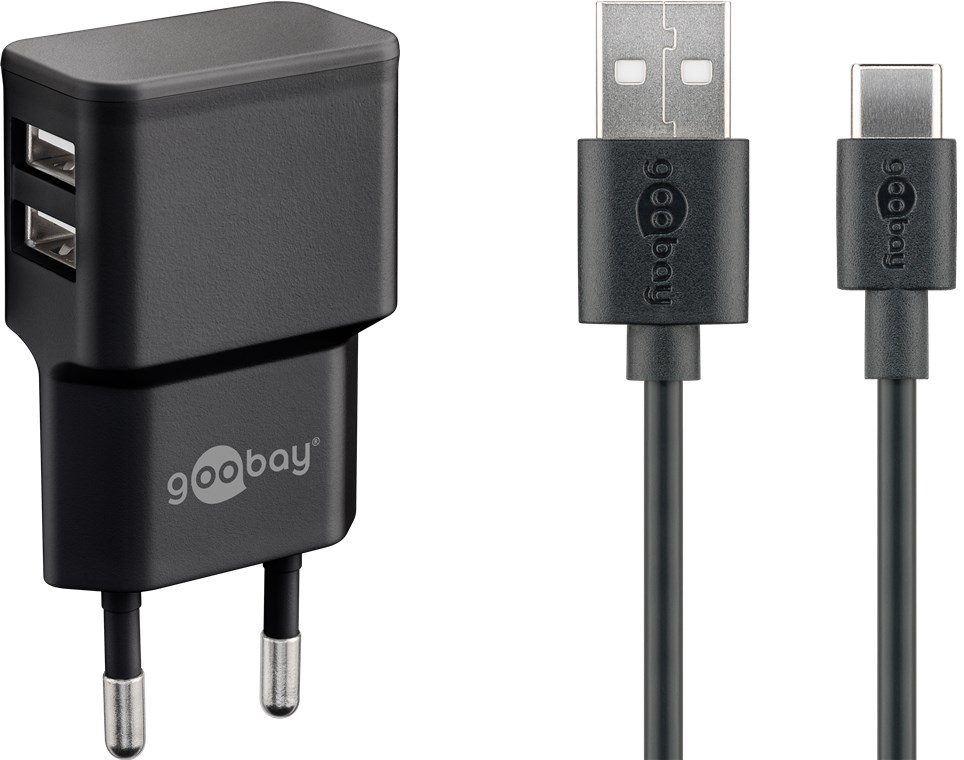 USB-C™ Dual Ladeset 2,4 A USB-C™ Dual Ladeset 2,4 A - Netzteil mit 2x USB-Buchse und USB Type-C™ 1m Kabel (Schwarz)