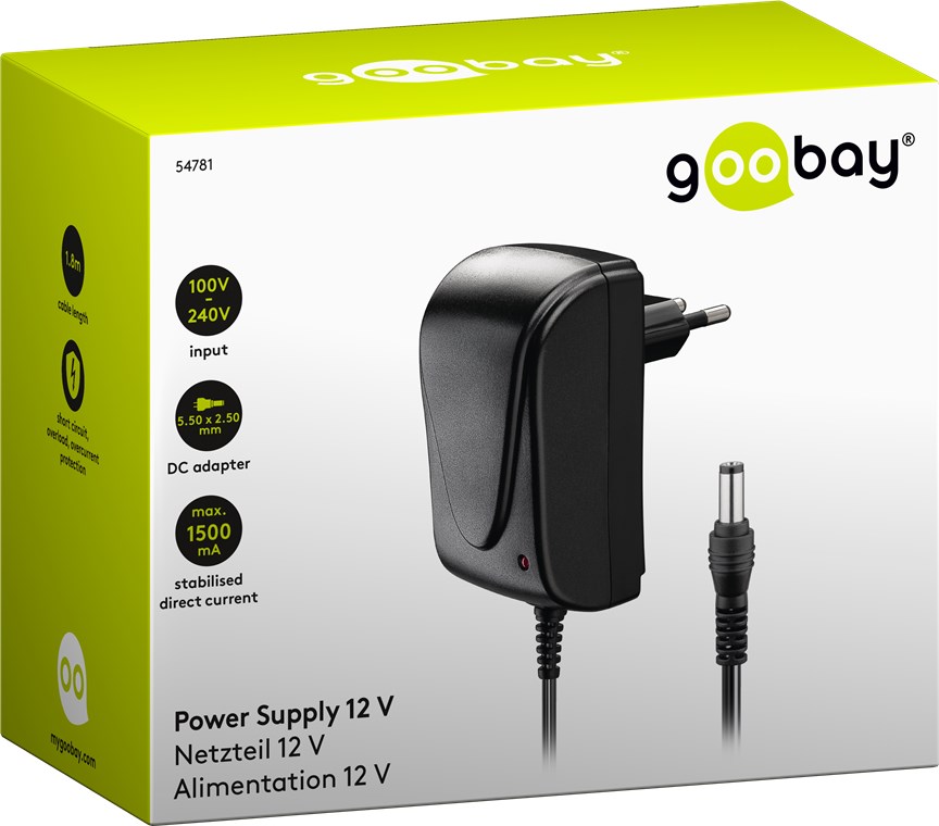 12 V Netzteil - mit 5,5 mm x 2,5 mm Stecker - 18 W und 1,5 A 12 V Netzteil - mit 5,5 mm x 2,5 mm Stecker - 18 W und 1,5 A