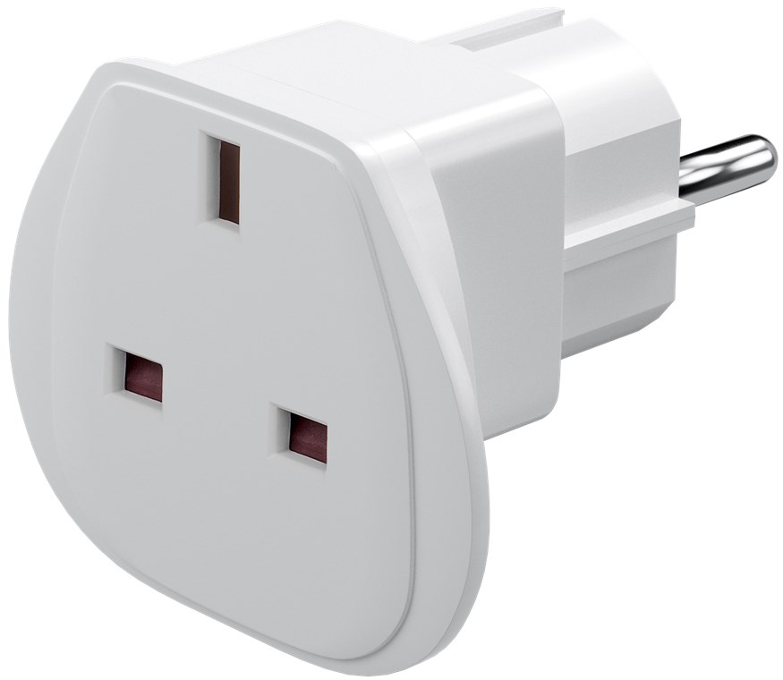 Reiseadapter UK auf EU, Weiß Reiseadapter UK auf EU, Weiß - UK-Buchse > Schutzkontaktstecker (Typ F, CEE 7/7)