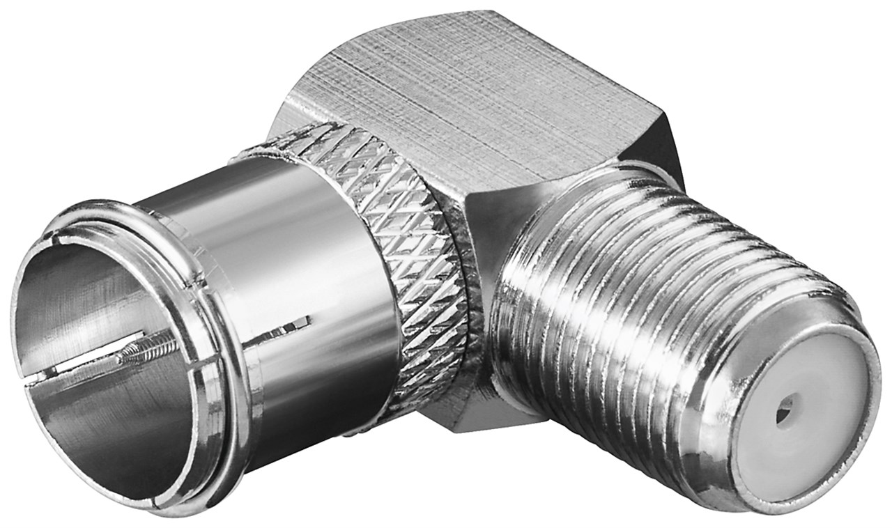 Winkeladapter: F-Stecker (Quick) > F-Buchse 90° Winkeladapter: F-Stecker (Quick) > F-Buchse 90° - Anschluss, Gehäusematerial Kupfer - Kupfer