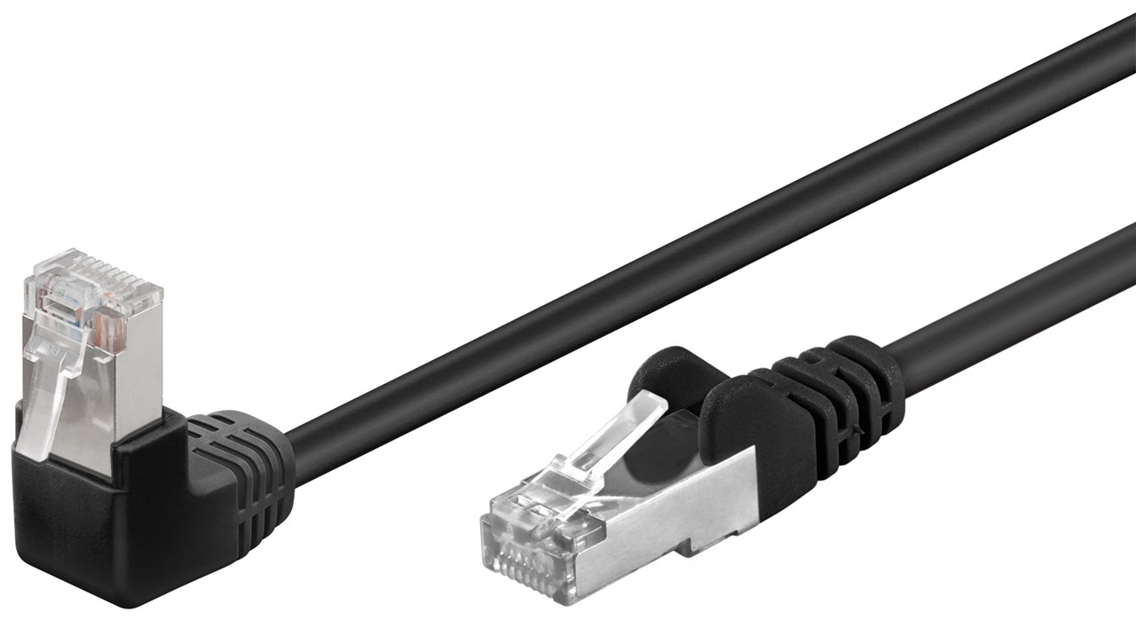CAT 5e Patchkabel 1x 90° gewinkelt, F/UTP, Schwarz, 10 m CAT 5e Patchkabel 1x 90° gewinkelt, F/UTP, Schwarz, 0,25 m - Kabellänge 0.25 m - Kupferkaschierter Aluminiumleiter (CCA), 1x RJ45-Stecker 90° (8P8C)