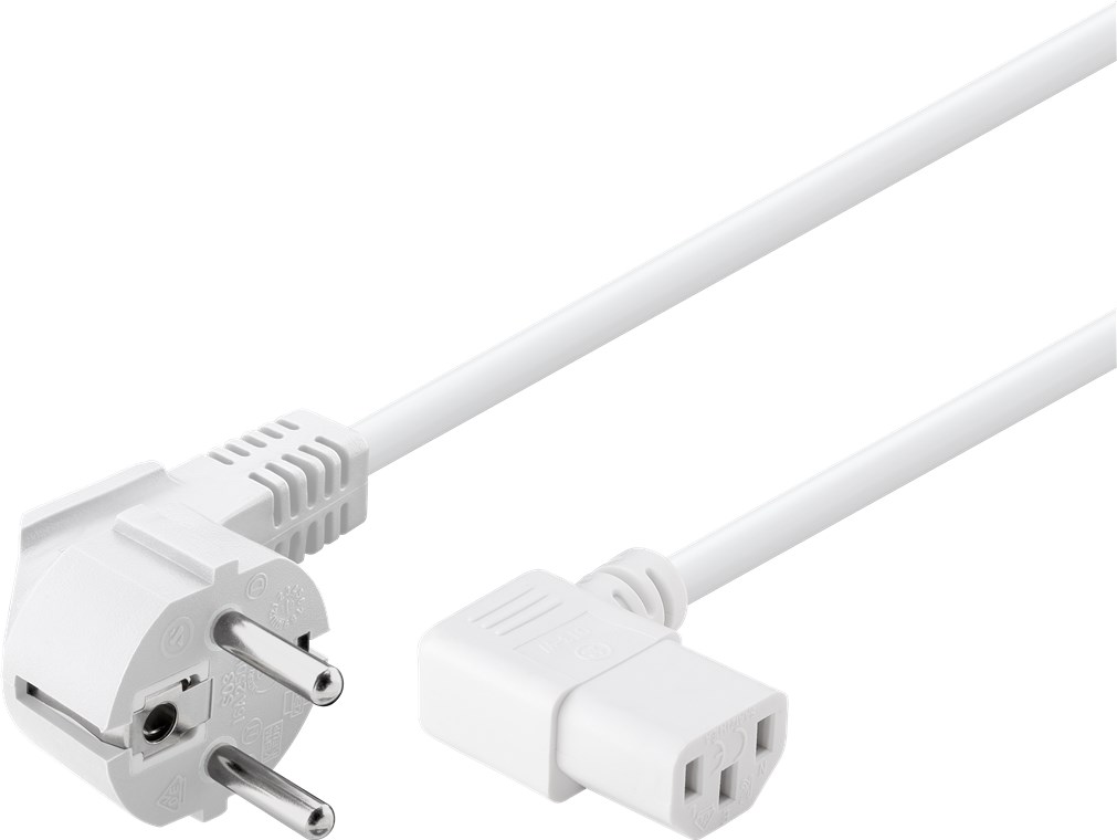 Beidseitig abgewinkeltes Kaltgeräte-Anschlusskabel, 3 m, Weiß - Kabellänge 3 m - Schutzkontaktstecker (Typ F, CEE 7/7) > Gerätebuchse C13 (Kaltgeräteanschluss)