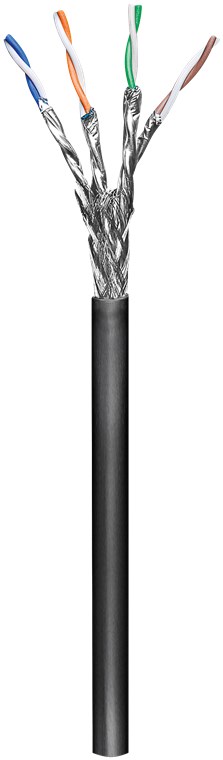 CAT 6 Outdoor Netzwerkkabel, S/FTP (PiMF), Schwarz - Kabellänge 100 m - Kupferkaschierter Aluminiumleiter (CCA), AWG 23/1 (solid), Polyethylen-Kabelmantel (PE)