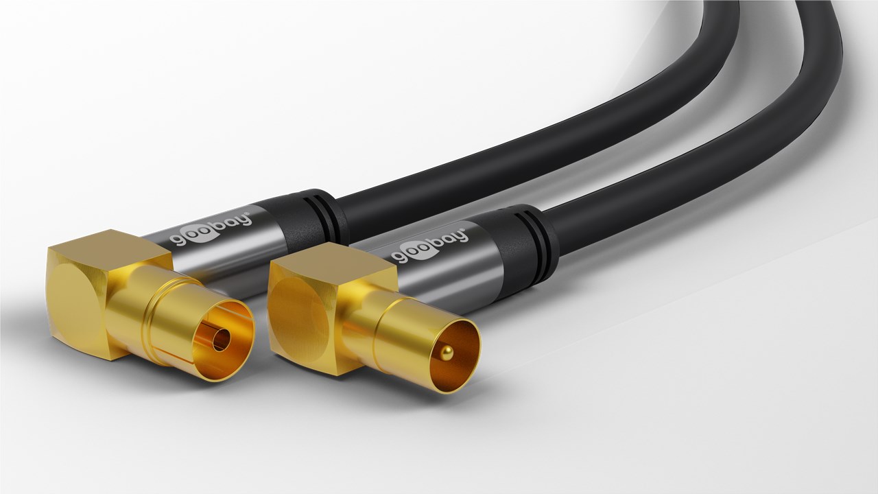 TV Antennenkabel (135 dB typ), 4x geschirmt - Kabellänge 1 m - vergoldet, Koax-Buchse 90° > Koax-Stecker 90° TV Antennenkabel (135 dB typ), 4x geschirmt - Kabellänge 1 m - vergoldet, Koax-Buchse 90° > Koax-Stecker 90°