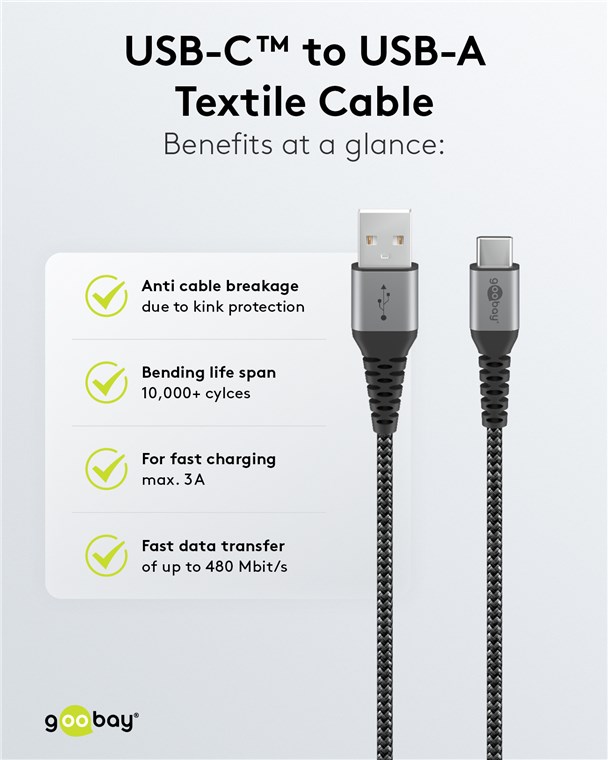 USB-A auf USB-C™ Textilkabel mit Metallsteckern (spacegrau/silber) 1 m - Kabellänge 1 m - elegantes und extra-robustes Verbindungskabel für Geräte mit USB-C™-Anschluss USB-A auf USB-C™ Textilkabel mit Metallsteckern (spacegrau/silber) 1 m - Kabellänge 1 m - elegantes und extra-robustes Verbindungskabel für Geräte mit USB-C™-Anschluss
