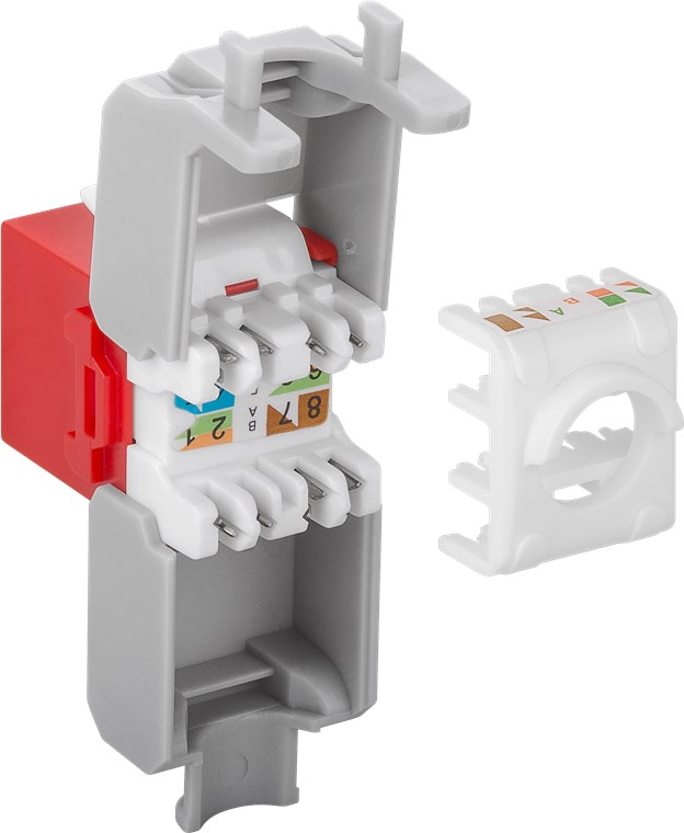 Keystone Modul RJ45 CAT 6A, UTP - Farbversion Rot - 16,5 mm breit, Krokodil-Typ, Klemmleiste für werkzeugfreie LSA-Montage