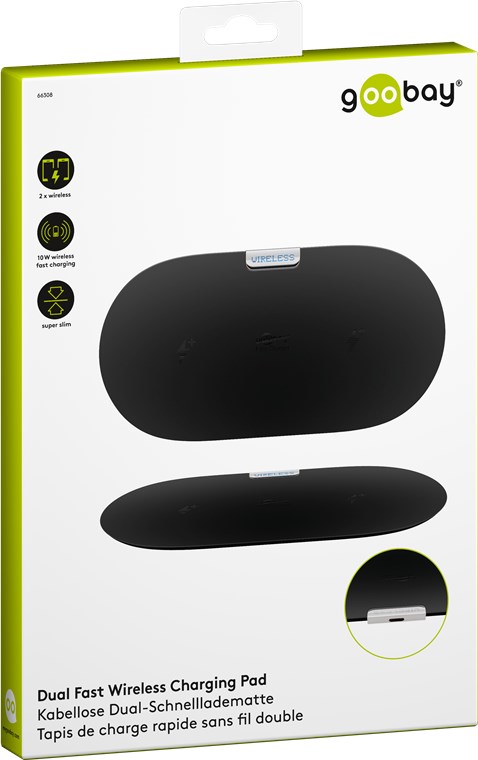 Kabelloses Dual-Schnellladegerät 10 W, Schwarz - flaches Tischladegerät geeignet für zwei Smartphones und Geräte mit Qi-Standard Kabelloses Dual-Schnellladegerät 10 W, Schwarz - flaches Tischladegerät geeignet für zwei Smartphones und Geräte mit Qi-Standard