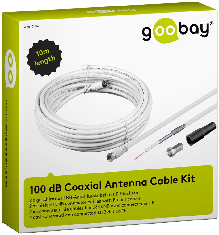 100 dB Koax-Antennenkabel Set - Kabellänge 10 m - 2x geschirmtes LNB-Anschlusskabel mit F-Steckern