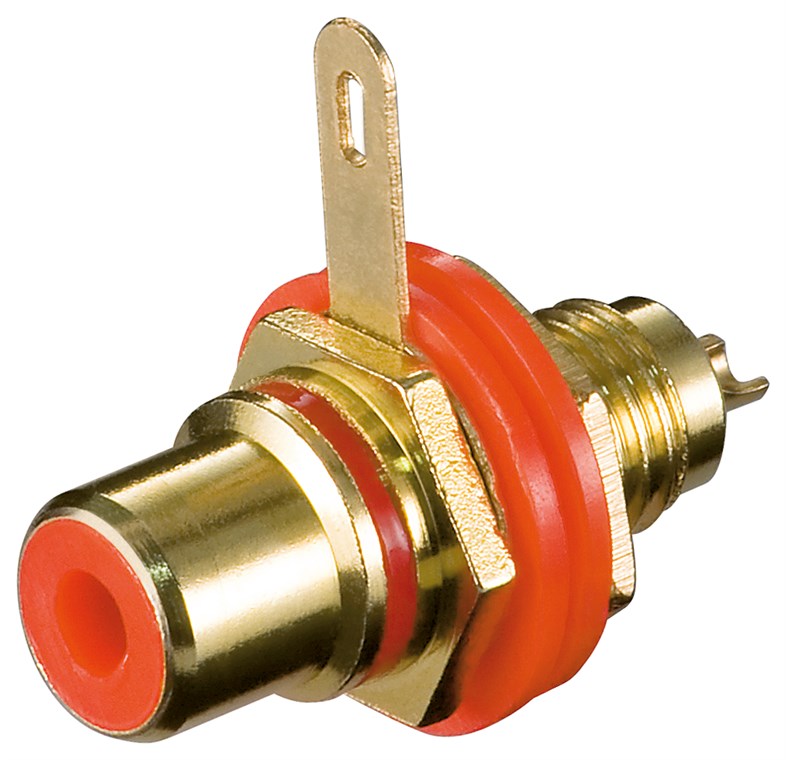 Cinch Buchse zur Gehäusemontage mit Isolation und Lötanschluss Cinch Buchse zur Gehäusemontage mit Isolation und Lötanschluss - Farbversion Rot - Goldausführung mit farbigen Isolierscheiben; Rot